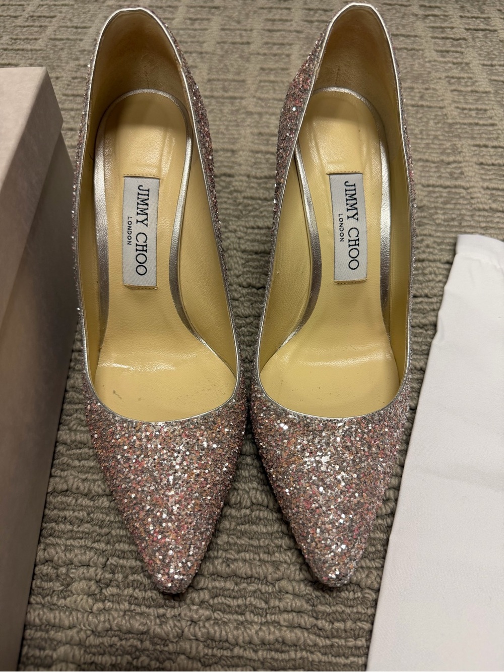 Jimmy Choo ROMY 100 Pink Glitter Pointed Pumps with Multitone Sparkle - Picture 2 of 8